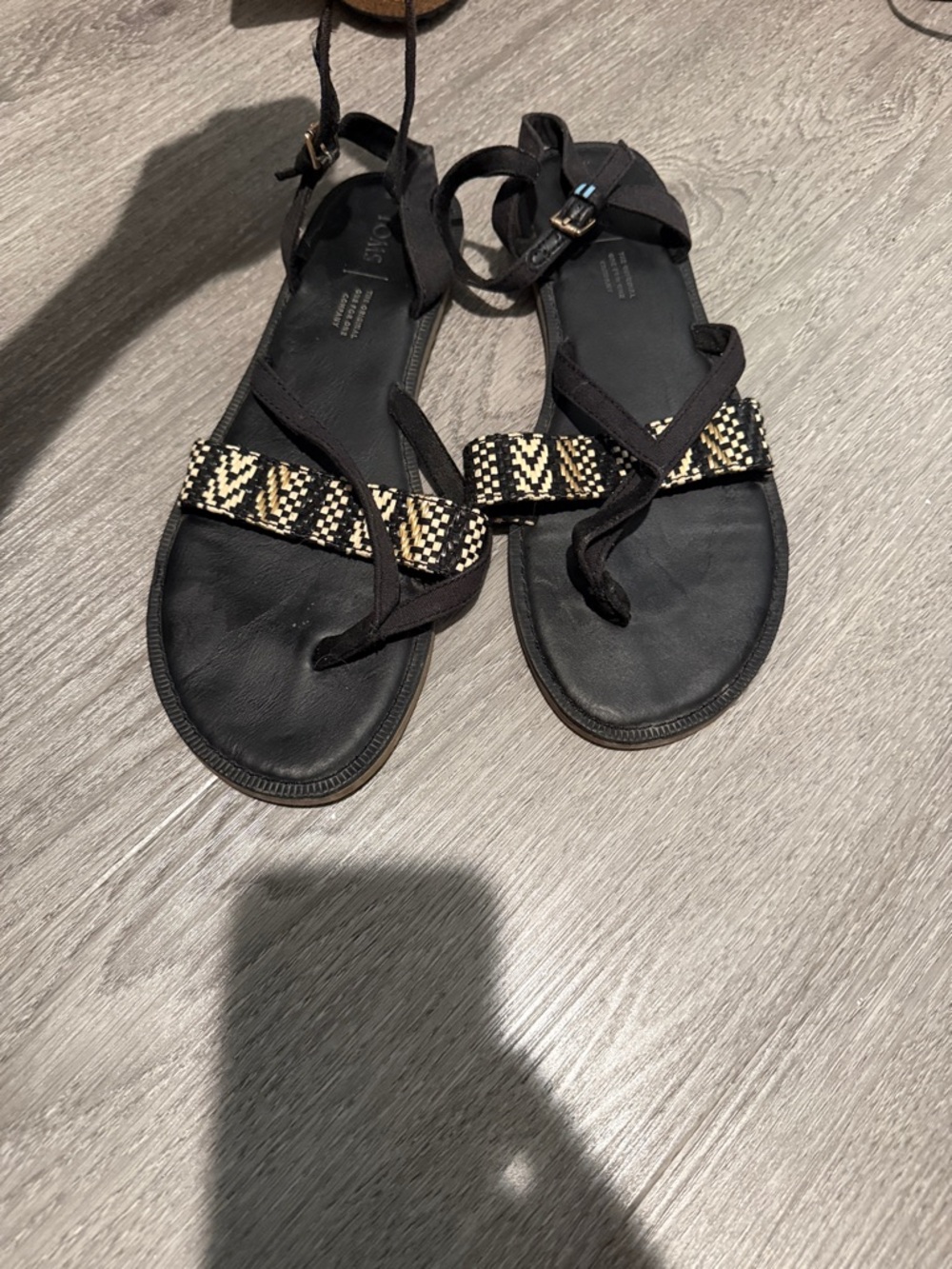 Toms Black Sandals with Cream Beaded Straps